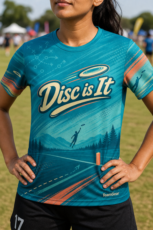 Disc is It Teal Ultimate Frisbee Jersey — custom ultimate frisbee jersey worn on model — TeamGear Canada