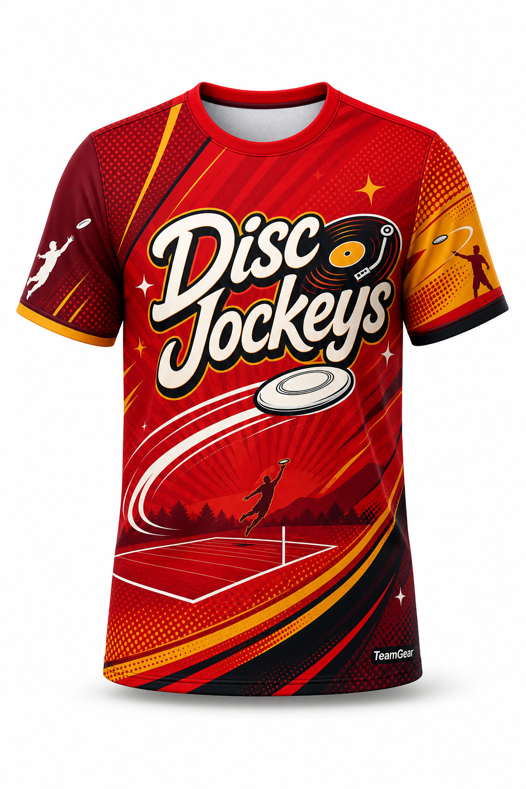 Disc Jockeys Red Ultimate Frisbee Jersey - front and back view
