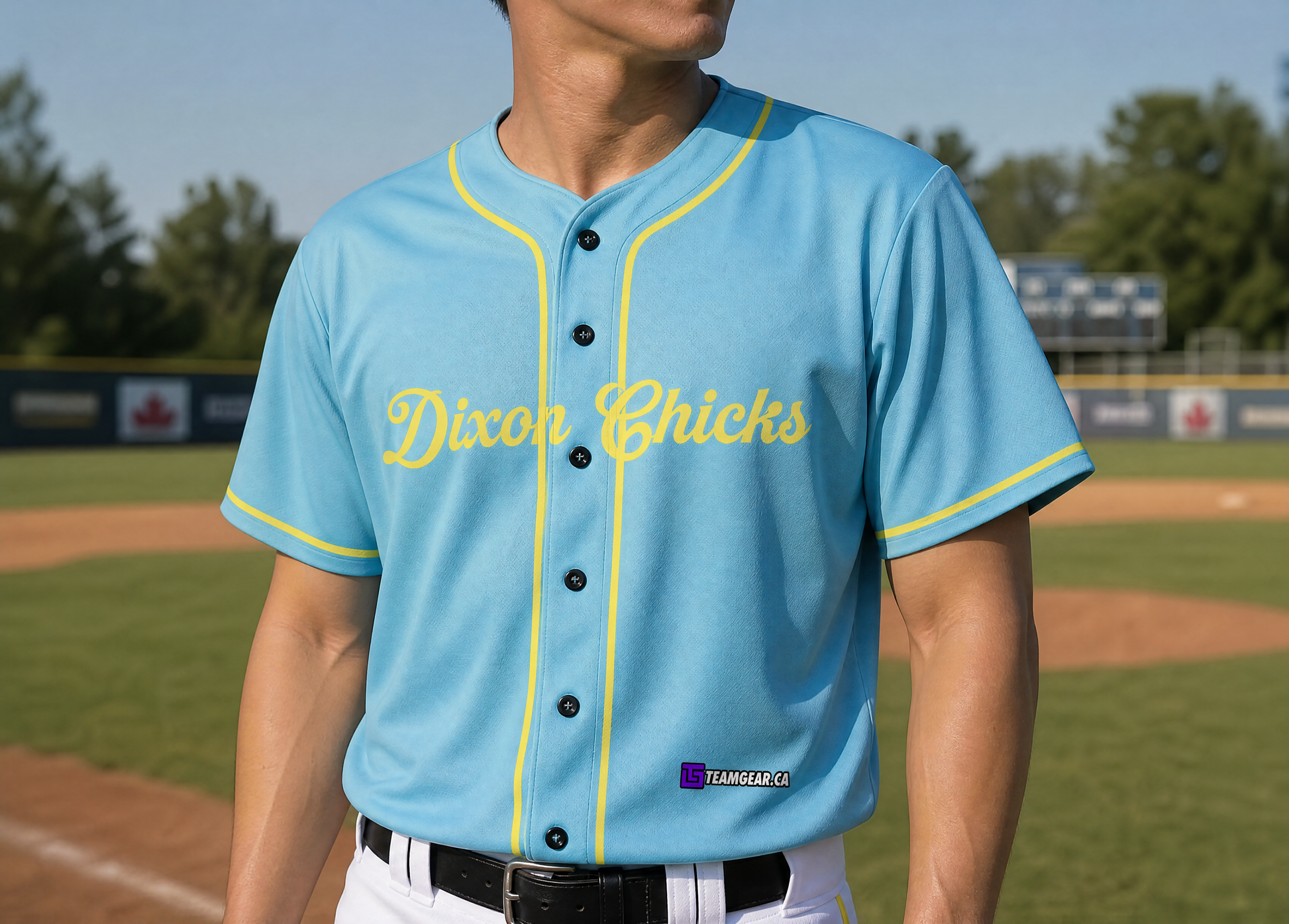 Dixon Chicks Baseball Jersey Full Button — custom baseball jersey worn on model — TeamGear Canada