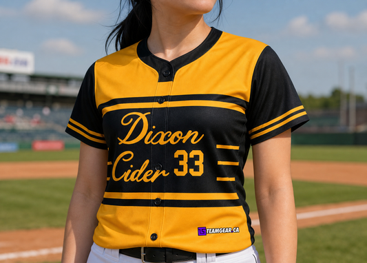 Dixon Cider Baseball Jersey Full Button — custom baseball jersey worn on model — TeamGear Canada