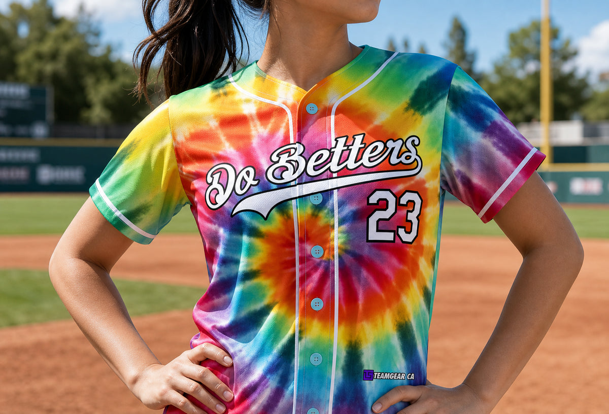 Do Betters Tie Dye Baseball Jersey Full Button — custom baseball jersey worn on model — TeamGear Canada