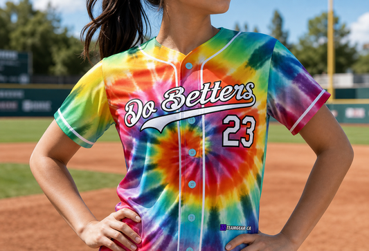 Do Betters Tie Dye Baseball Jersey Full Button — custom baseball jersey worn on model — TeamGear Canada
