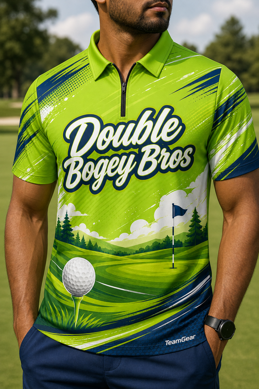 Double Bogey Bros Lime Golf Polo — custom golf team apparel worn on model — TeamGear Canada