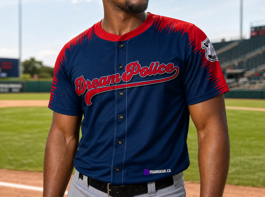 Dream Police Blue Baseball Jersey Full Button — custom baseball jersey worn on model — TeamGear Canada