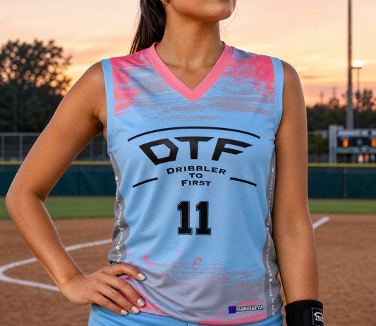 Dribbler to First (DTF) Softball Jersey — custom softball jersey worn on model — TeamGear Canada
