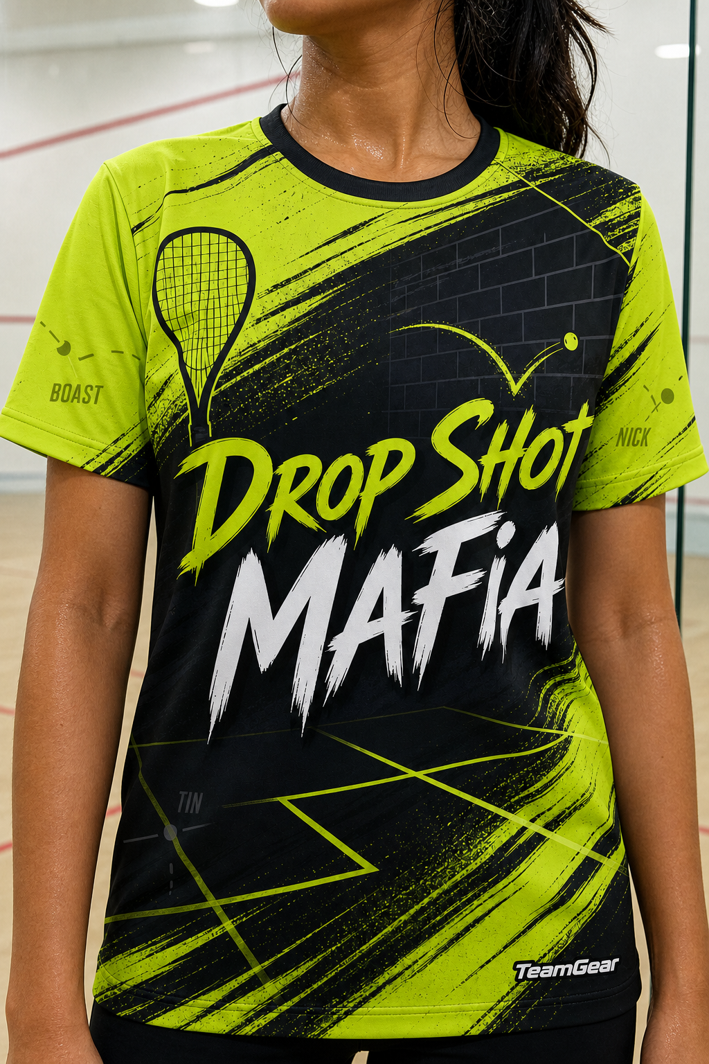 Drop Shot Mafia Lime Squash Jersey — custom squash jersey worn on model — TeamGear Canada
