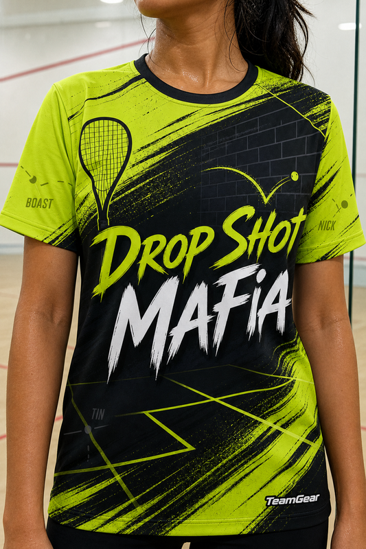 Drop Shot Mafia Lime Squash Jersey — custom squash jersey worn on model — TeamGear Canada
