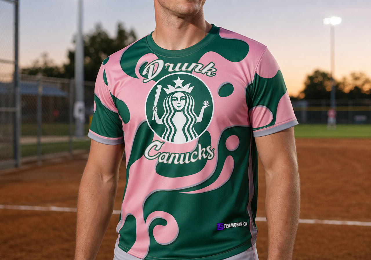 Drunk Canucks Softball Jersey — custom softball jersey worn on model — TeamGear Canada