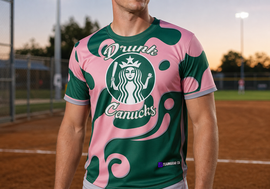 Drunk Canucks Softball Jersey — custom softball jersey worn on model — TeamGear Canada