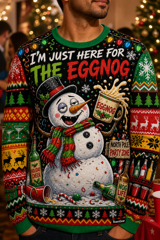 Drunk Snowman Spilling Eggnog Ugly Christmas Sweater — custom christmas team apparel worn on model — TeamGear Canada