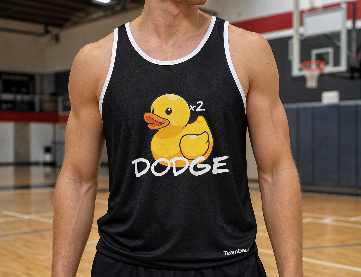 Duck Duck Dodge Black Dodgeball Jersey — custom dodgeball jersey worn on model — TeamGear Canada