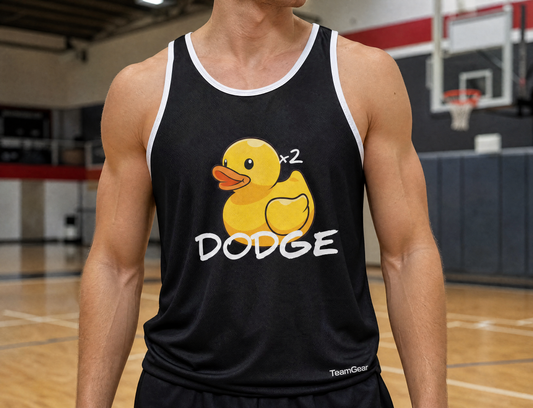 Duck Duck Dodge Black Dodgeball Jersey — custom dodgeball jersey worn on model — TeamGear Canada