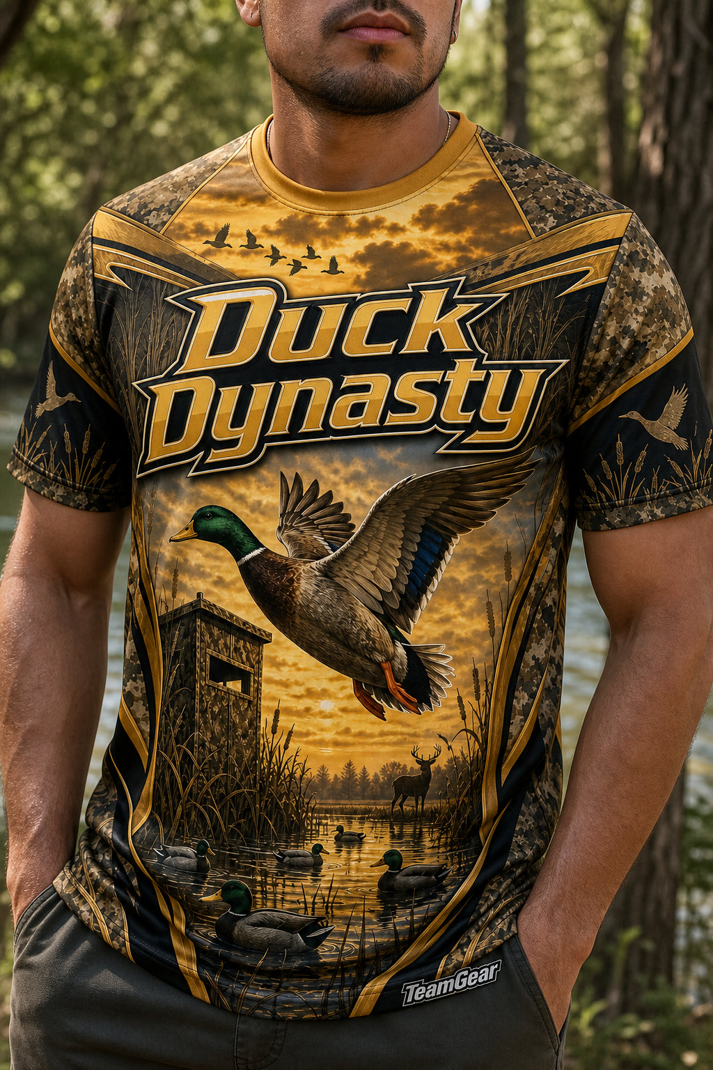 Duck Dynasty Gold Hunting Jersey — custom hunting jersey worn on model — TeamGear Canada