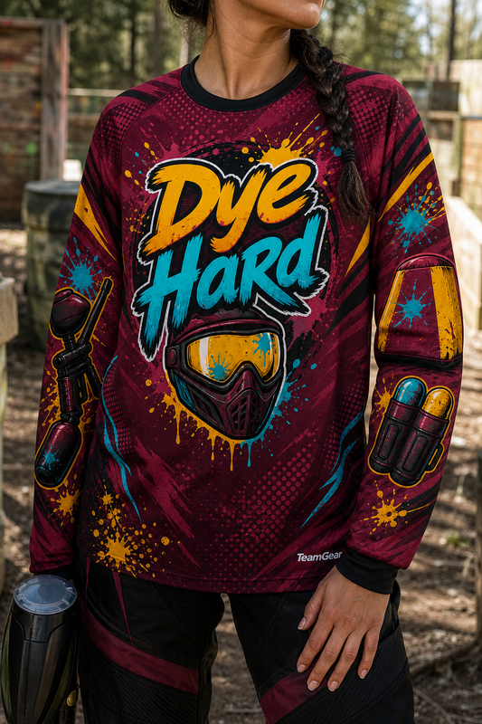 Dye Hard Maroon Long Sleeve Paintball Jersey — custom paintball jersey worn on model — TeamGear Canada