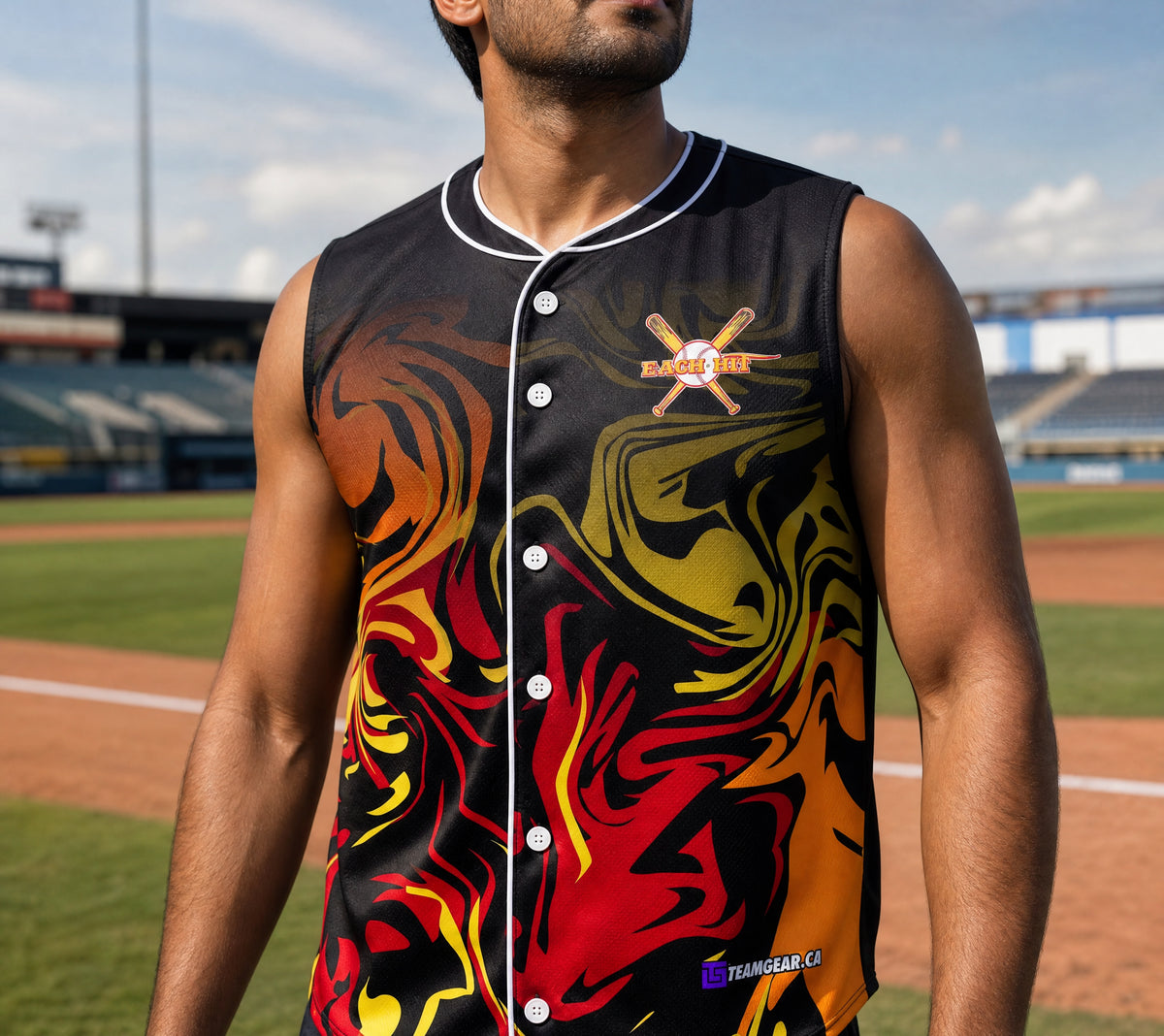 Each Hit Sleeveless Baseball Jersey Full Button — custom baseball jersey worn on model — TeamGear Canada