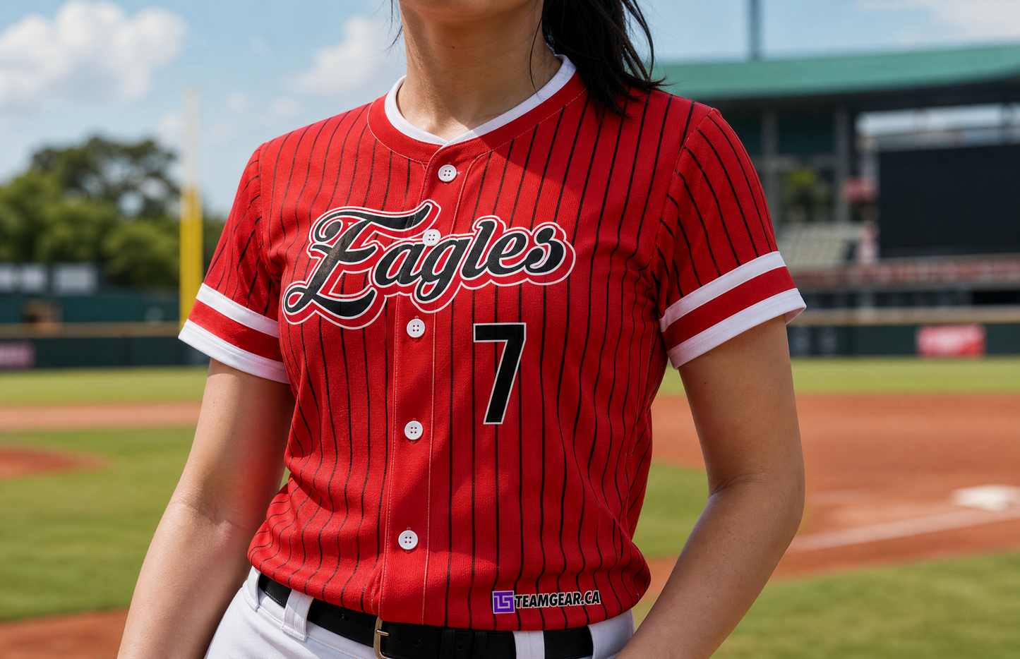 Eagles Red Pinstripe Baseball Jersey Full Button — custom baseball jersey worn on model — TeamGear Canada