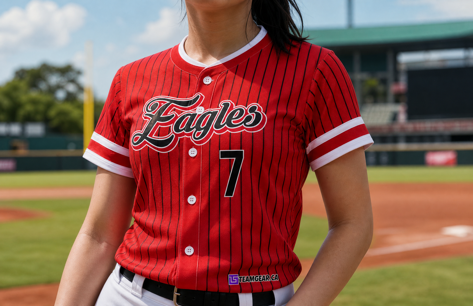 Eagles Red Pinstripe Baseball Jersey Full Button — custom baseball jersey worn on model — TeamGear Canada