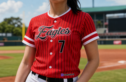 Eagles Red Pinstripe Baseball Jersey Full Button — custom baseball jersey worn on model — TeamGear Canada
