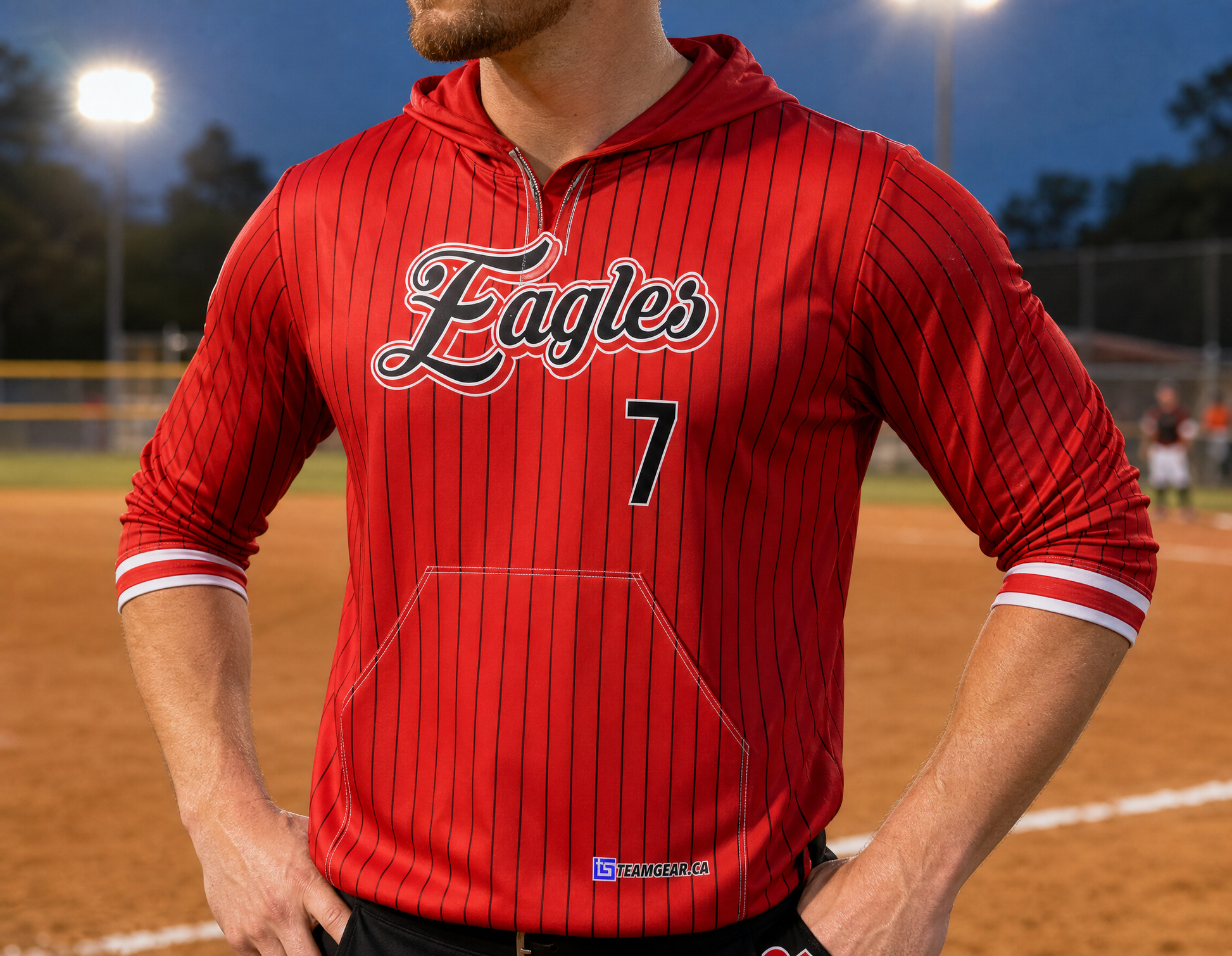 Eagles Red Pinstripe Softball Hoodie — custom softball hoodie worn on model — TeamGear Canada