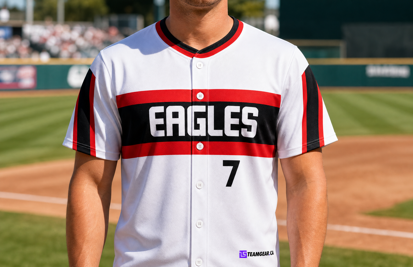 Eagles White Baseball Jersey Full Button — custom baseball jersey worn on model — TeamGear Canada