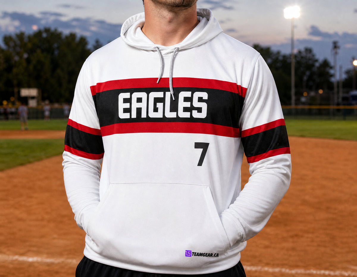 Eagles White Softball Hoodie — custom softball hoodie worn on model — TeamGear Canada