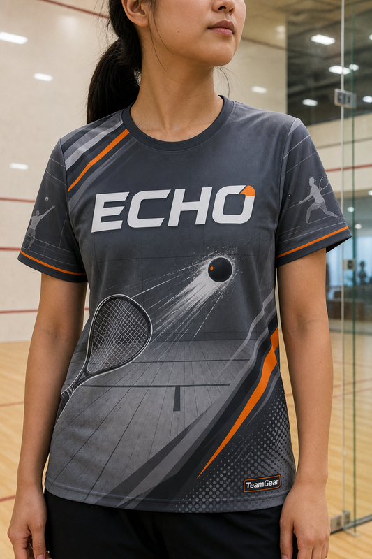 ECHO Grey Racquetball Jersey — custom racquetball jersey worn on model — TeamGear Canada