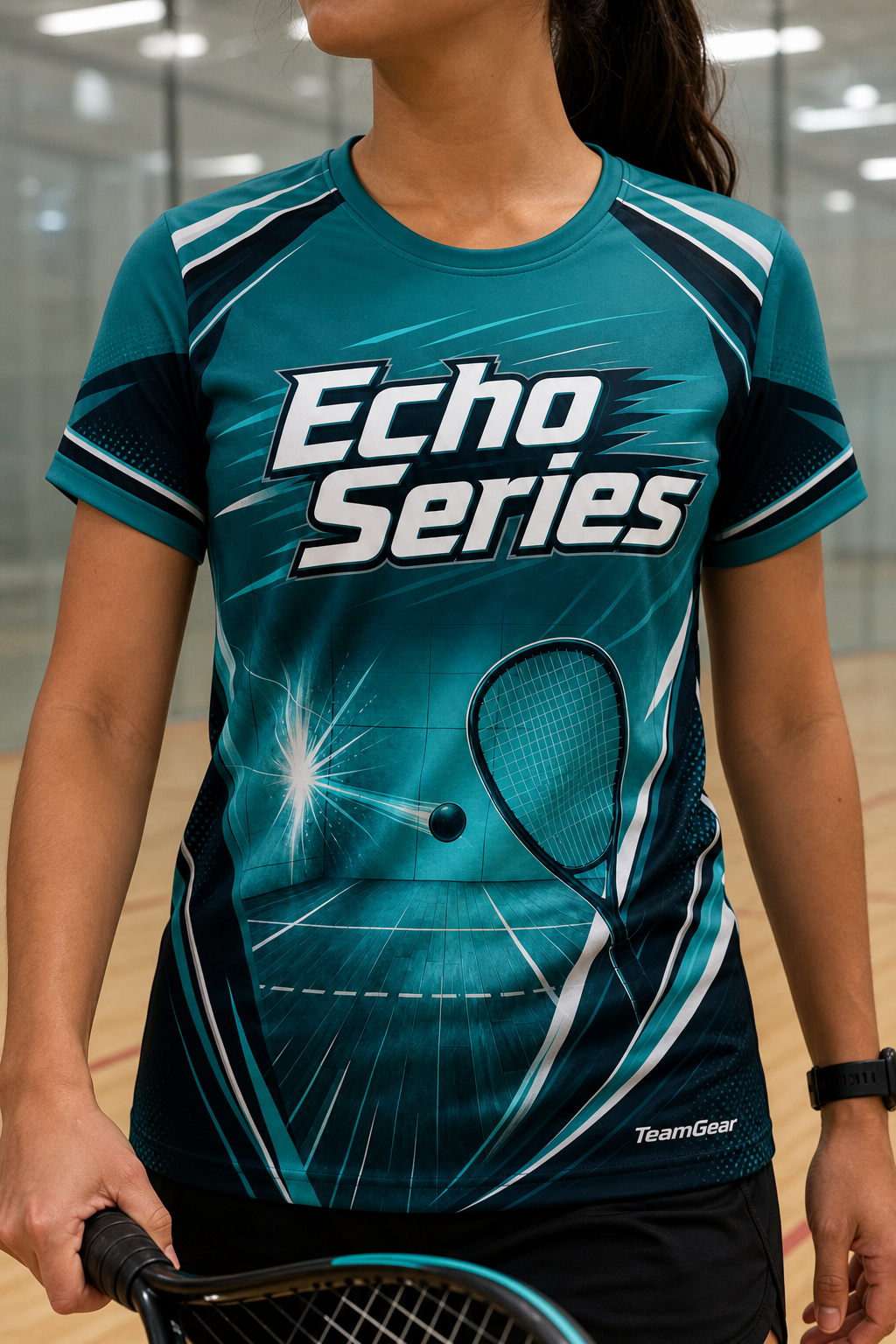Echo Series Teal Racquetball Jersey — custom racquetball jersey worn on model — TeamGear Canada