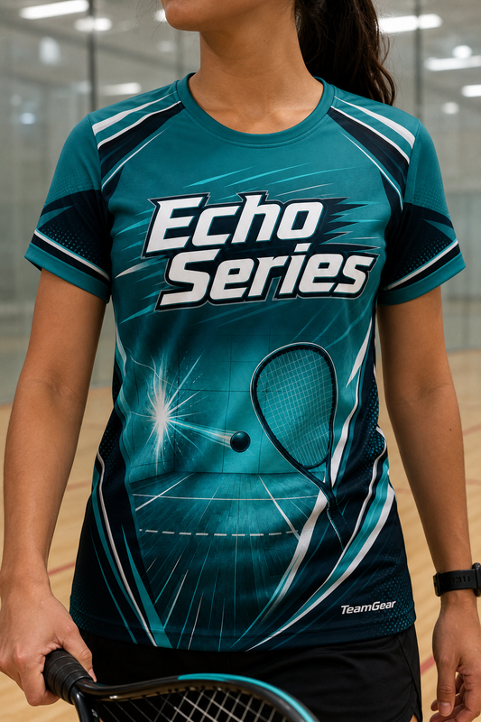 Echo Series Teal Racquetball Jersey — custom racquetball jersey worn on model — TeamGear Canada