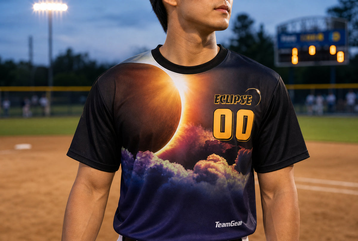 Eclipse Black and Blue Softball Jersey — custom softball jersey worn on model — TeamGear Canada