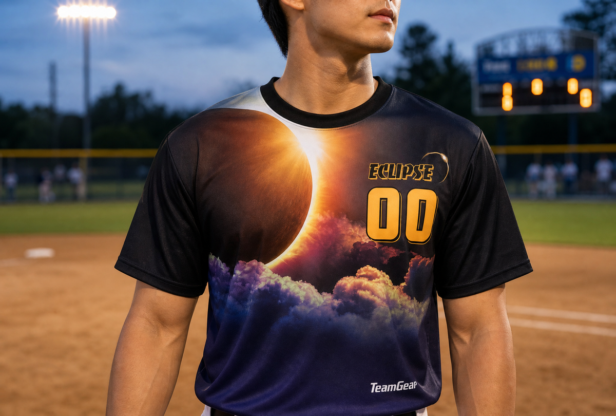 Eclipse Black and Blue Softball Jersey — custom softball jersey worn on model — TeamGear Canada