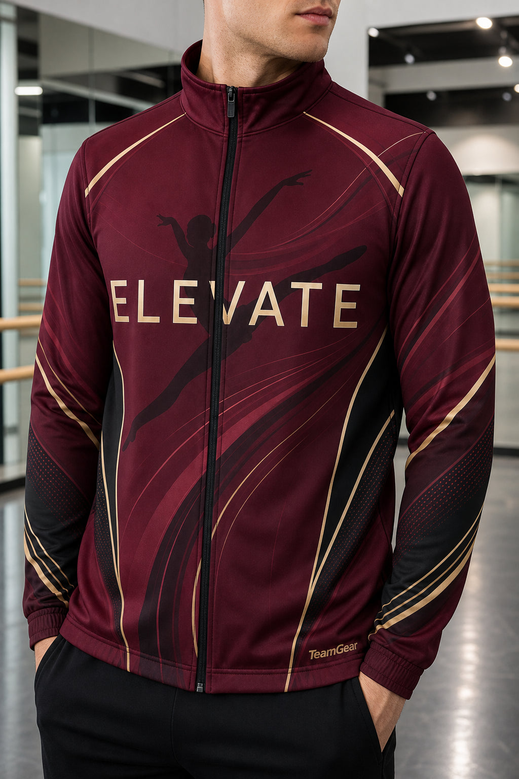 Elevate Maroon Dance Jacket — custom dance jacket worn on model — TeamGear Canada