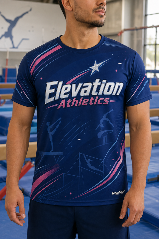 Elevation Athletics Navy Gymnastics Jersey — custom gymnastics jersey worn on model — TeamGear Canada