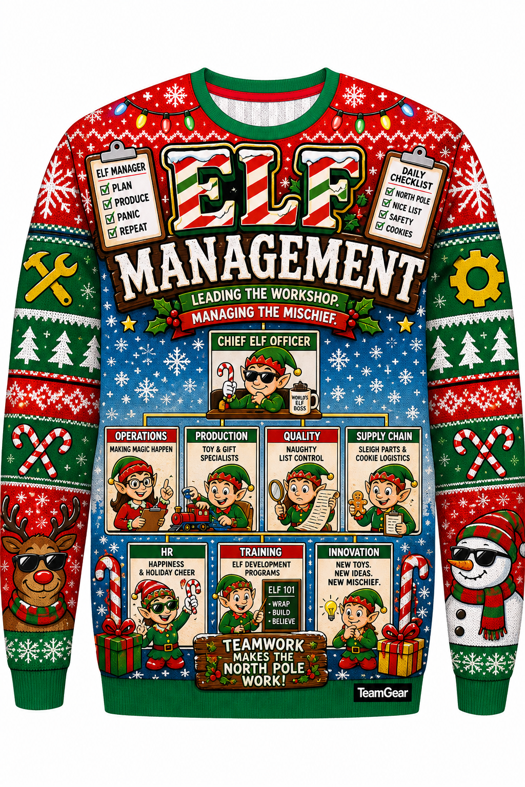 Elf Management Ugly Christmas Sweater design