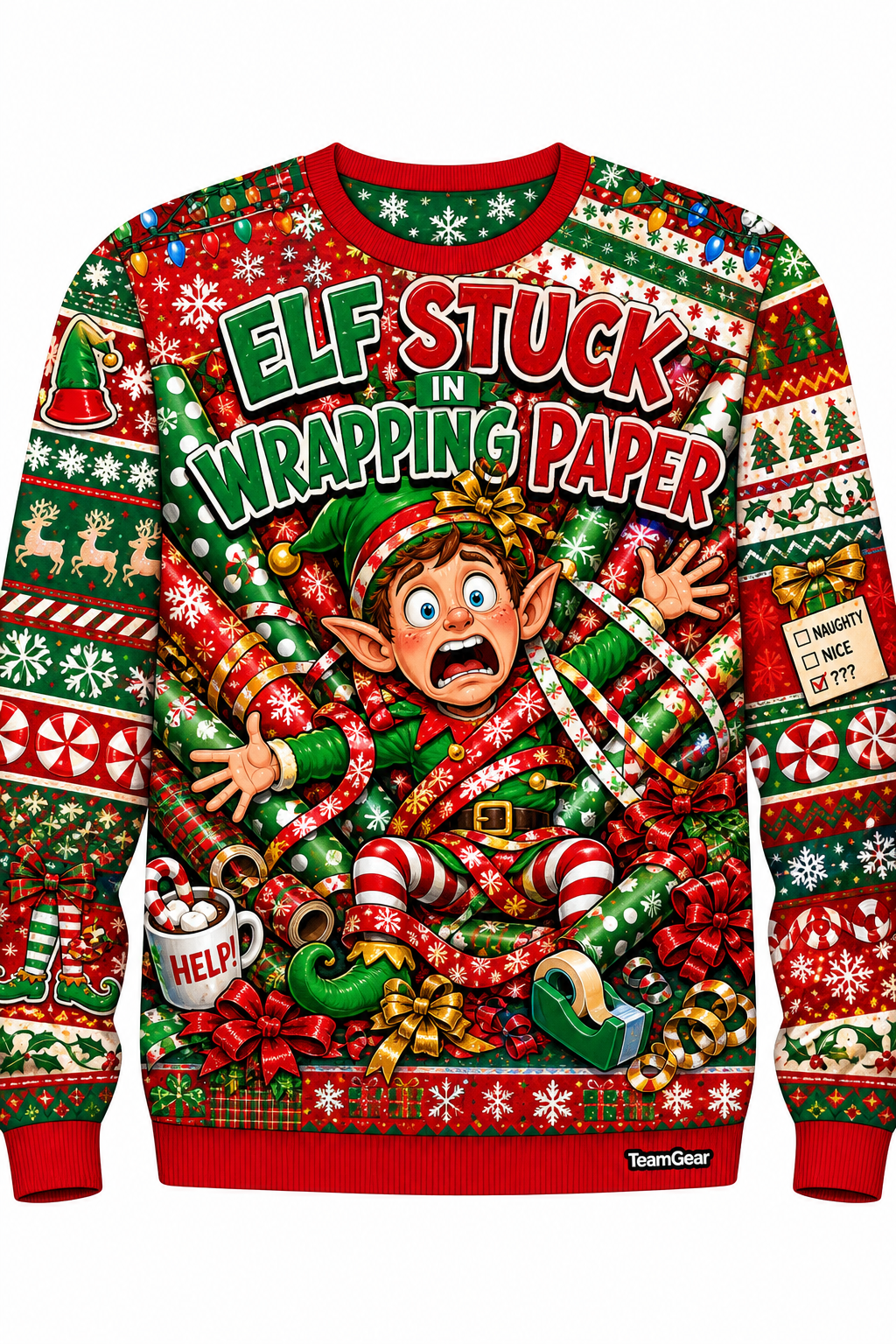 Elf Stuck in Wrapping Paper Ugly Christmas Sweater design