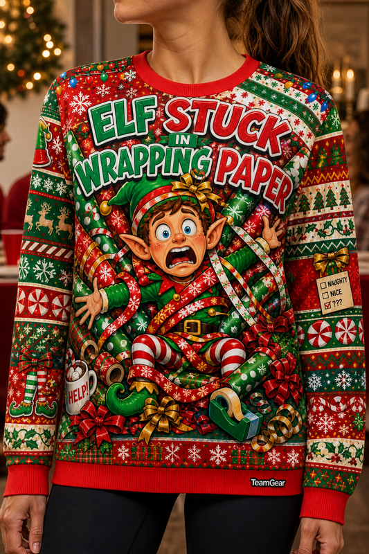 Elf Stuck in Wrapping Paper Ugly Christmas Sweater — custom christmas team apparel worn on model — TeamGear Canada