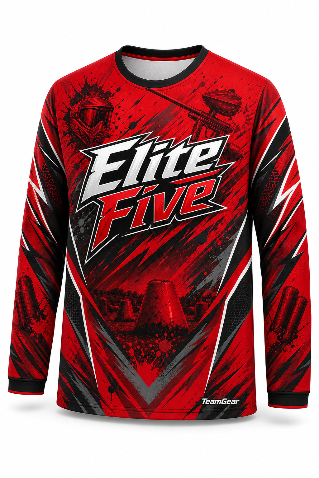 Elite Five Red Long Sleeve Paintball Jersey - front and back view