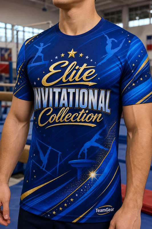 Elite Invitational Collection Blue Gymnastics Jersey — custom gymnastics jersey worn on model — TeamGear Canada