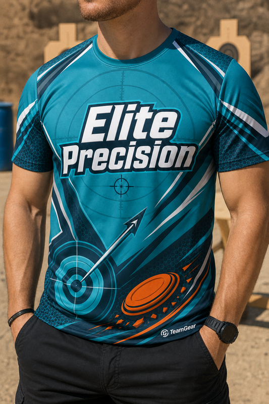 Elite Precision Teal Shooting Jersey — custom shooting jersey worn on model — TeamGear Canada