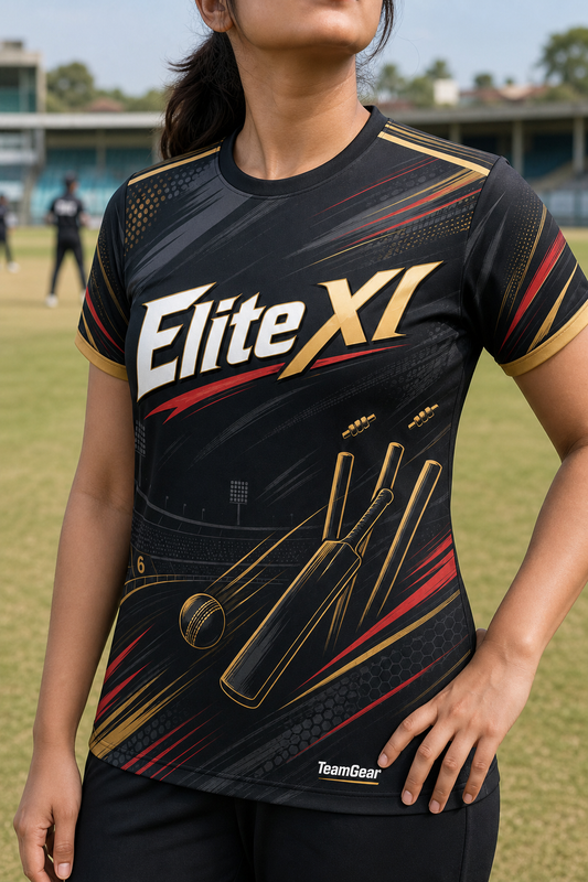 Elite XI Black Cricket Jersey — custom cricket jersey worn on model — TeamGear Canada