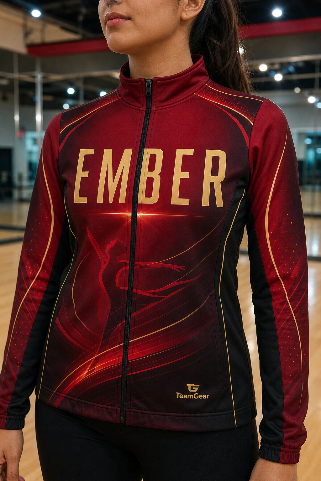 Ember Crimson Dance Jacket — custom dance jacket worn on model — TeamGear Canada