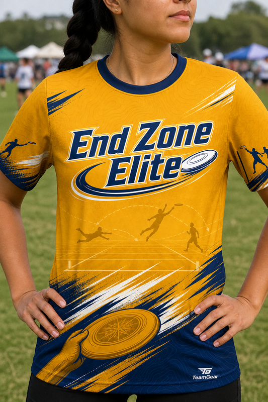 End Zone Elite Gold Ultimate Frisbee Jersey — custom ultimate frisbee jersey worn on model — TeamGear Canada