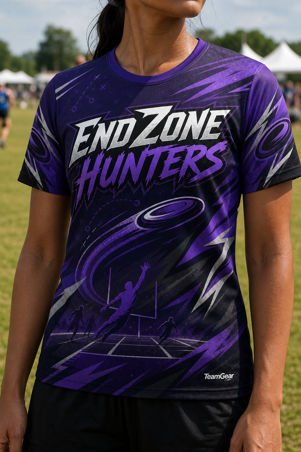 End Zone Hunters Purple Ultimate Frisbee Jersey — custom ultimate frisbee jersey worn on model — TeamGear Canada
