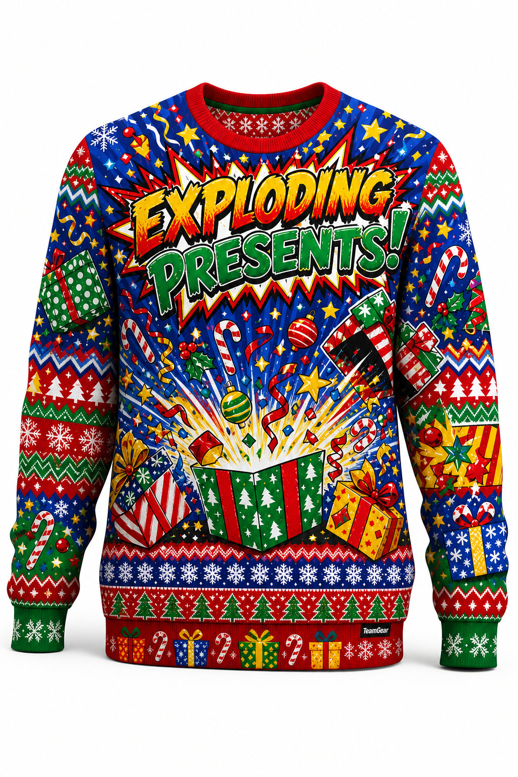 Exploding Presents Ugly Christmas Sweater - front and back view