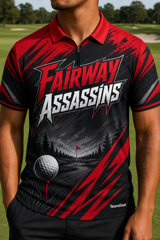 Fairway Assassins Red Golf Polo — custom golf team apparel worn on model — TeamGear Canada