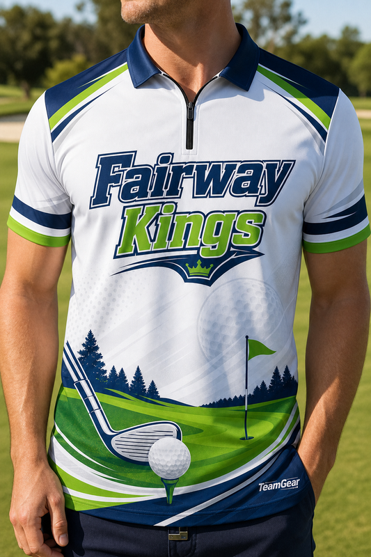 Fairway Kings White Golf Polo — custom golf team apparel worn on model — TeamGear Canada