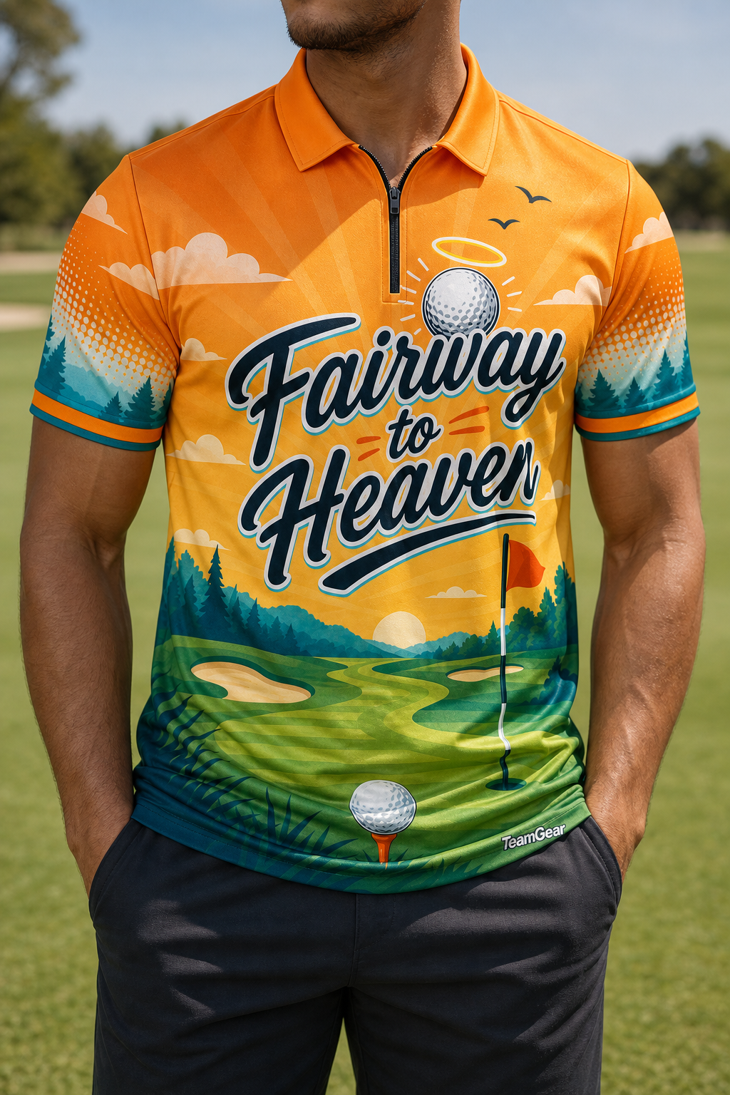 Fairway to Heaven Orange Golf Polo — custom golf team apparel worn on model — TeamGear Canada
