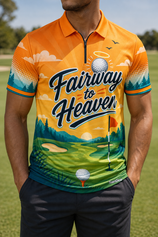 Fairway to Heaven Orange Golf Polo — custom golf team apparel worn on model — TeamGear Canada