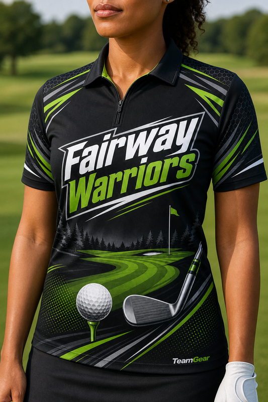 Fairway Warriors Black Golf Polo — custom golf team apparel worn on model — TeamGear Canada