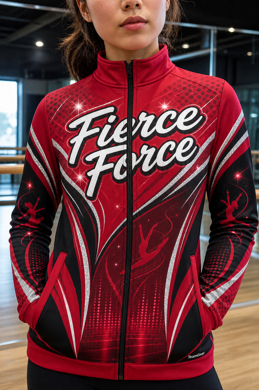 Fierce Force Crimson Dance Jacket — custom dance jacket worn on model — TeamGear Canada