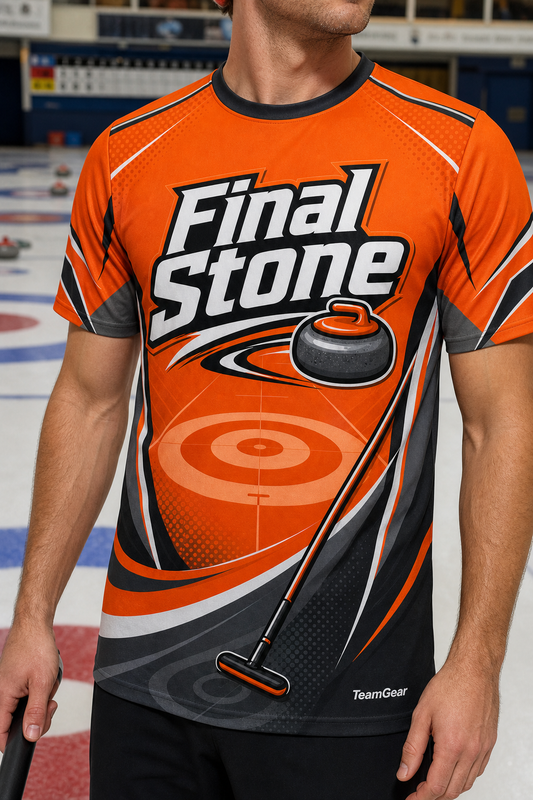 Final Stone Orange Curling Jersey — custom curling jersey worn on model — TeamGear Canada